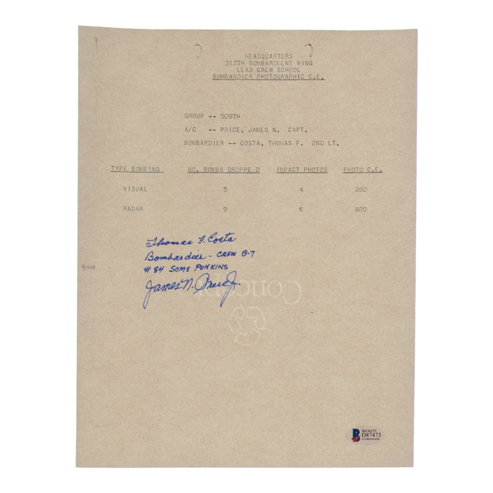 James Price Jr. & Thomas F. Costa Signed (Beckett) 8.5x11 WWII Document Copy with Extensive Inscription