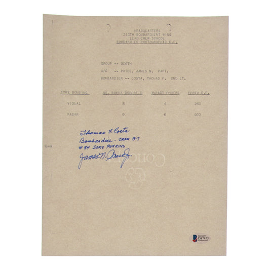 James Price Jr. & Thomas F. Costa Signed (Beckett) 8.5x11 WWII Document Copy with Extensive Inscription