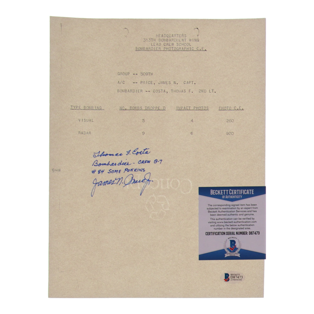 James Price Jr. & Thomas F. Costa Signed (Beckett) 8.5x11 WWII Document Copy with Extensive Inscription