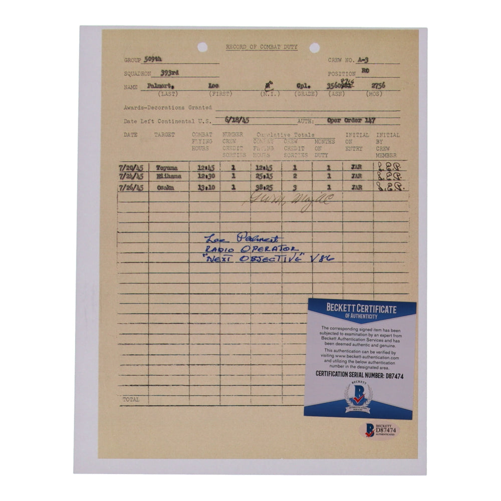 William Barney Signed (Beckett) 8.5x11 WWII Document Copy With Inscription "Radio Operator Next Objective V86"