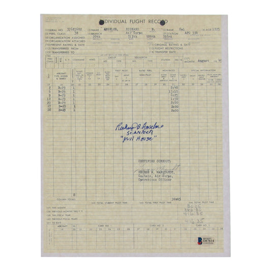 Richard B. Anselme Signed (Beckett) 8.5x11 WWII Flight Record Print With Inscribed "Scanner Full House"
