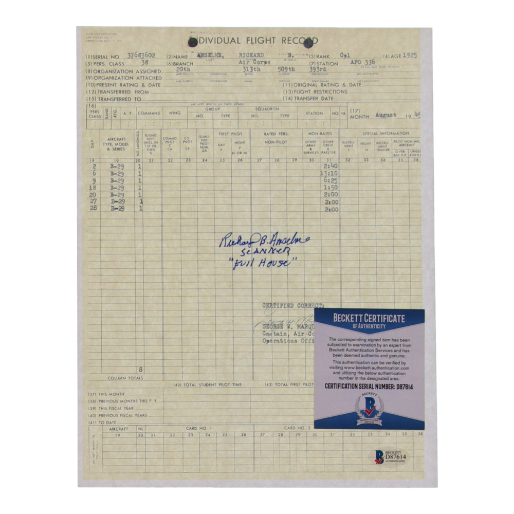 Richard B. Anselme Signed (Beckett) 8.5x11 WWII Flight Record Print With Inscribed "Scanner Full House"