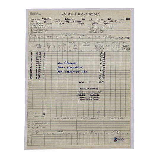 Lee Palmert Signed (Beckett)  8.5x11 WWII Flight Record Print With Inscribed "Radio Operator Next Objective V86"