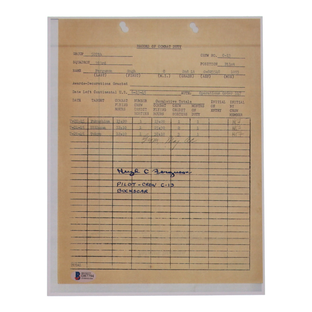 Hugh C. Ferguson Signed 8.5x11 Document Copy Inscribed "Pilot- Crew C-13 Bockscar" (Beckett)