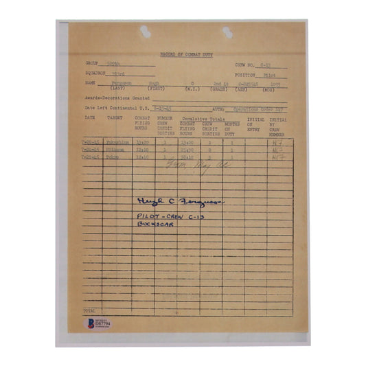 Hugh C. Ferguson Signed 8.5x11 Document Copy Inscribed "Pilot- Crew C-13 Bockscar" (Beckett)