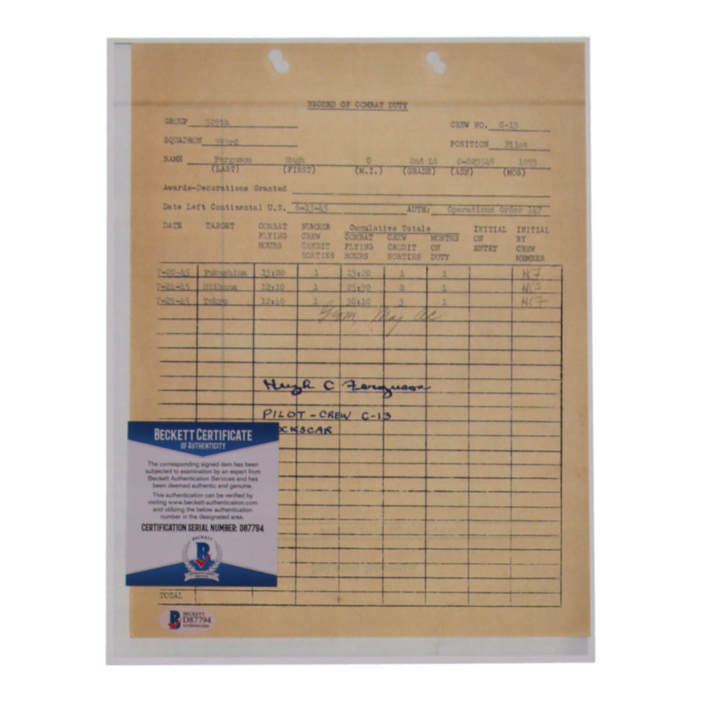 Hugh C. Ferguson Signed 8.5x11 Document Copy Inscribed "Pilot- Crew C-13 Bockscar" (Beckett)