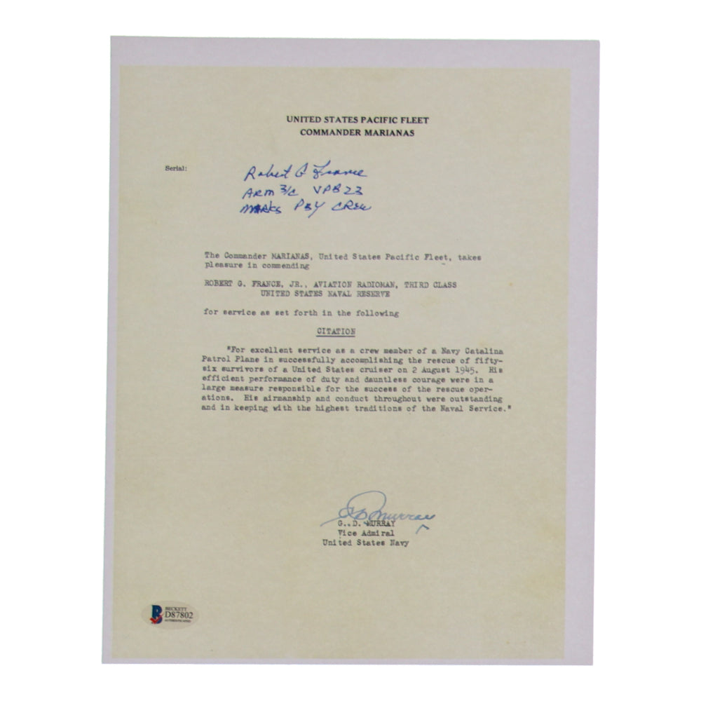 Robert H. France Signed Beckett) 8.5x11 WWII Document Copy Inscribed "Arm 3/C VPB 23 Marks PBY Crew"