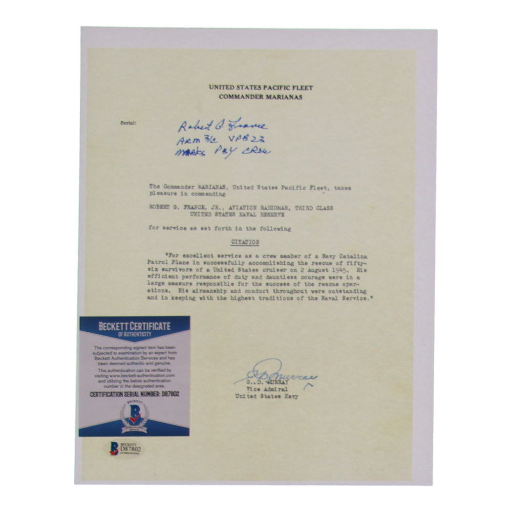 Robert H. France Signed Beckett) 8.5x11 WWII Document Copy Inscribed "Arm 3/C VPB 23 Marks PBY Crew"