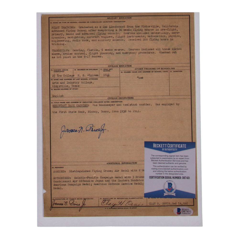 James N. Price Jr. Signed (Beckett) 8.5x11 WWII Document Copy