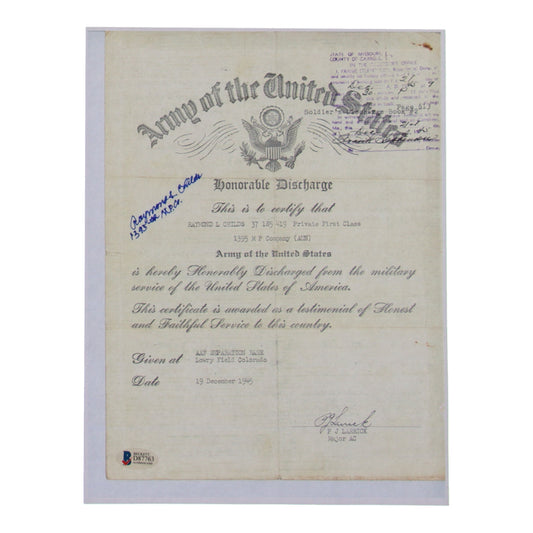 Raymond Childs Signed (Beckett) 8.5x11 Document Copy with Service Record Inscription - US Army WWII