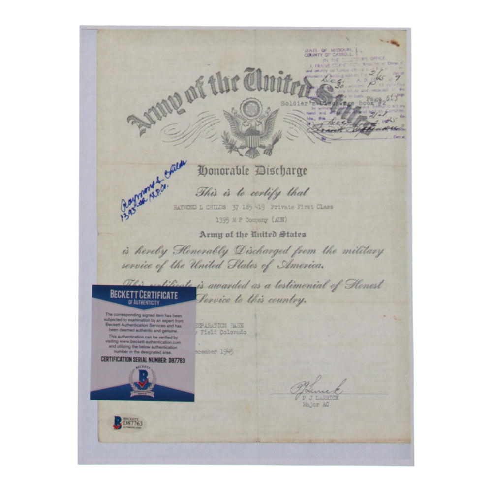 Raymond Childs Signed (Beckett) 8.5x11 Document Copy with Service Record Inscription - US Army WWII