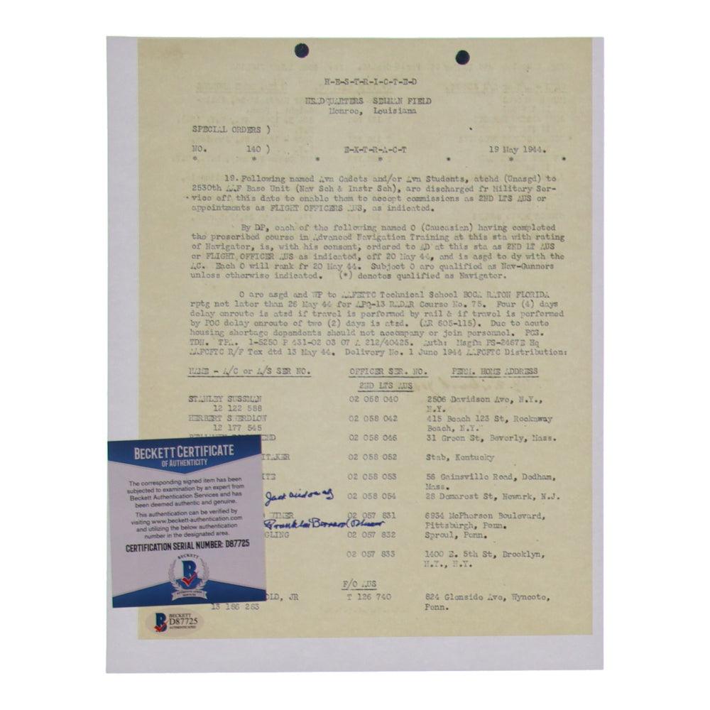 Jack Widowsky & Franklin Bernard Wimer Signed (Beckett) 8.5x11 WWII Document Copy