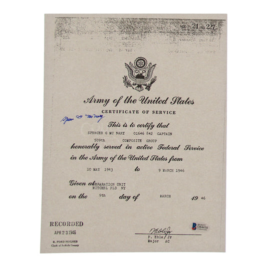 Spencer G. McNary Signed (Beckett) 8.5x11 WWII Document Copy