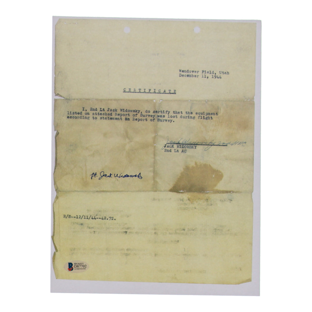 Jack Widowsky Signed (Beckett) 8.5x11 WWII Document Copy