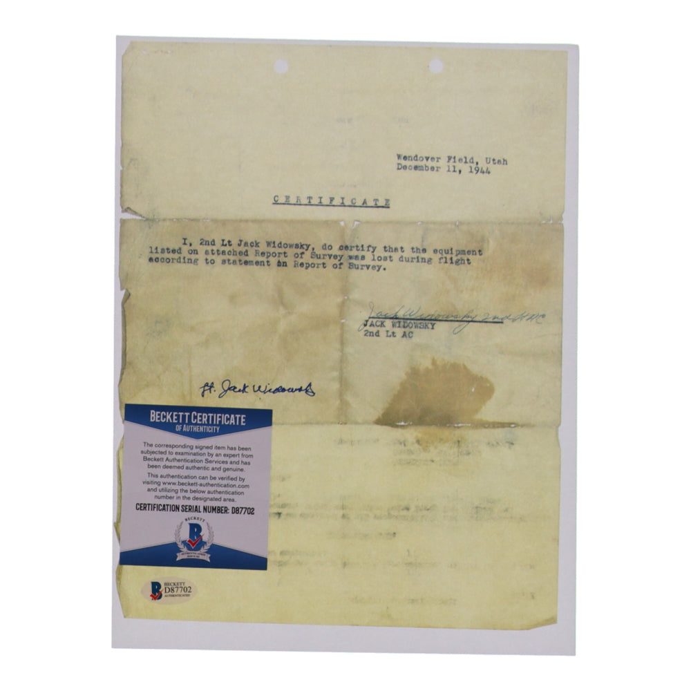 Jack Widowsky Signed (Beckett) 8.5x11 WWII Document Copy