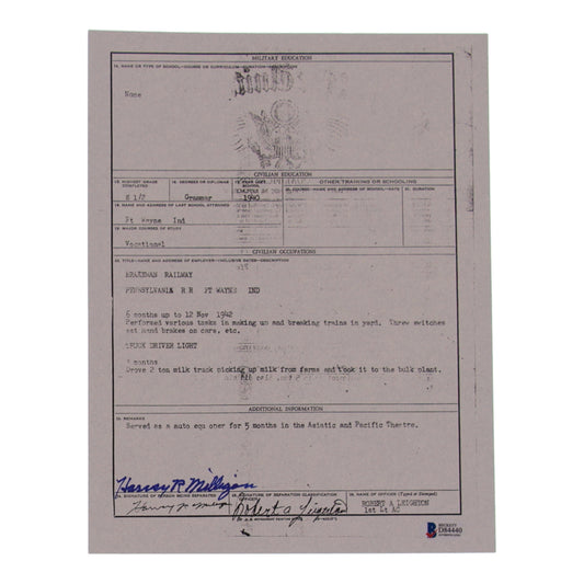 Weldon Harvey Milligan Signed (Beckett) 8.5x11 WWII Document Copy