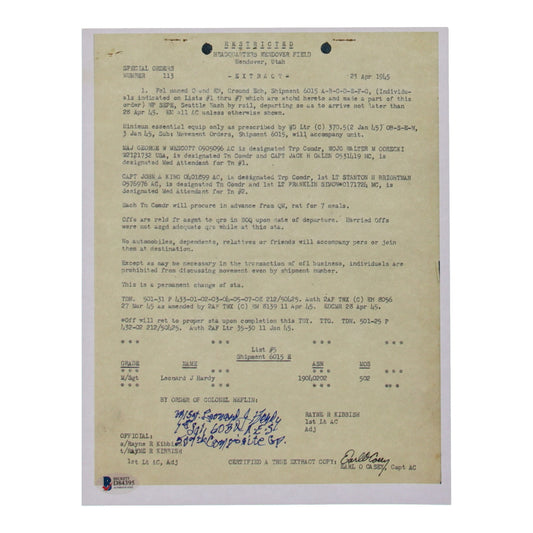 Leonard R. Hardy Signed (Beckett) 8.5x11 WWII Document Copy with Service Record Inscription