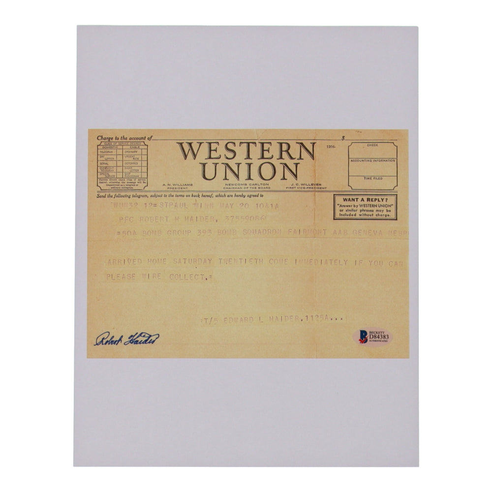 Robert Haider Signed (Beckett) Western Union Telegram Copy - WWII U.S. Air Force