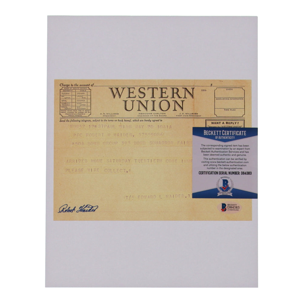 Robert Haider Signed (Beckett) Western Union Telegram Copy - WWII U.S. Air Force