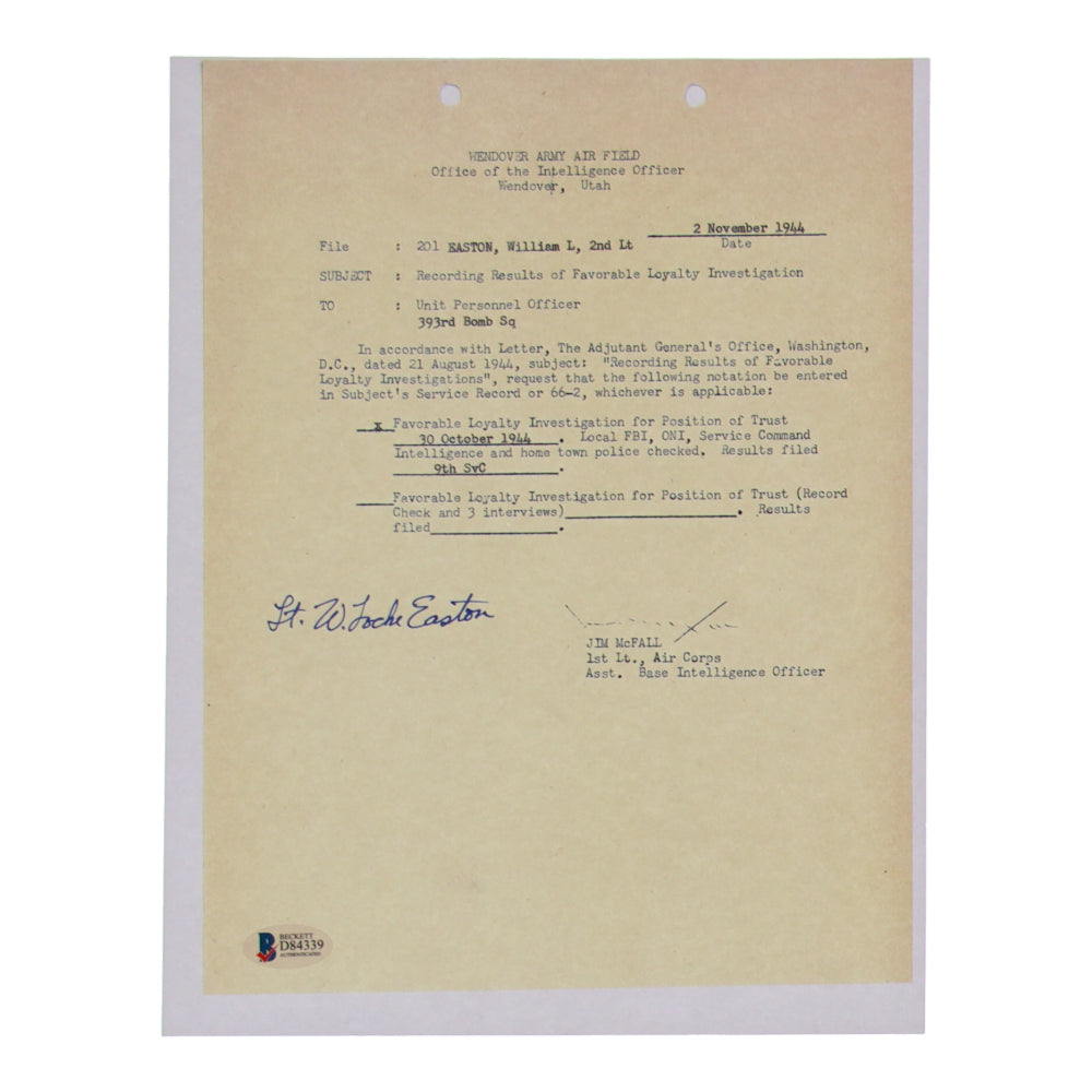 William Locke Easton Signed (Beckett) 8.5 x 11 WWII Document Copy