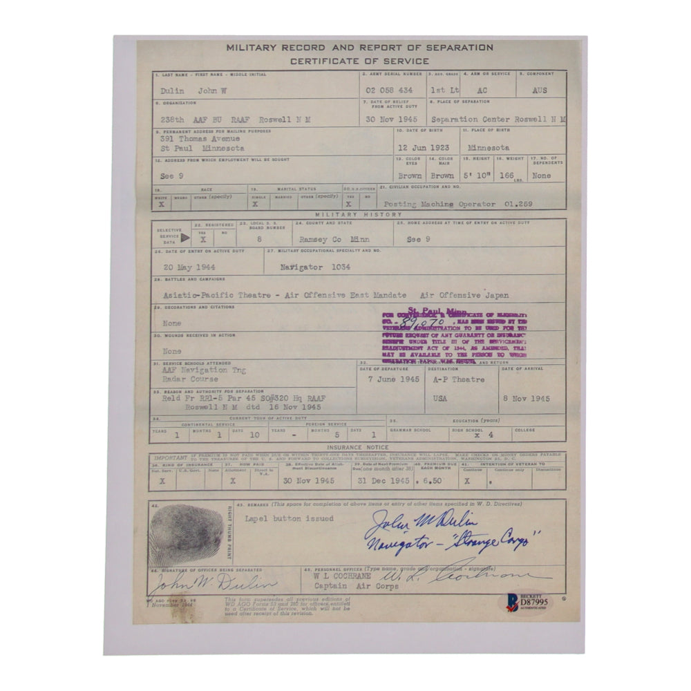 John W. Dulin Signed (Beckett) 8.5 x 11 WWII Document Copy