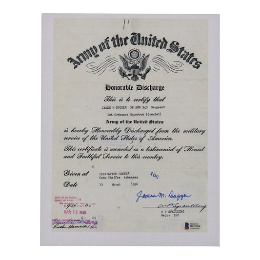 James M. Dugger Signed (Beckett) 8.5 x 11 WWII Document Copy