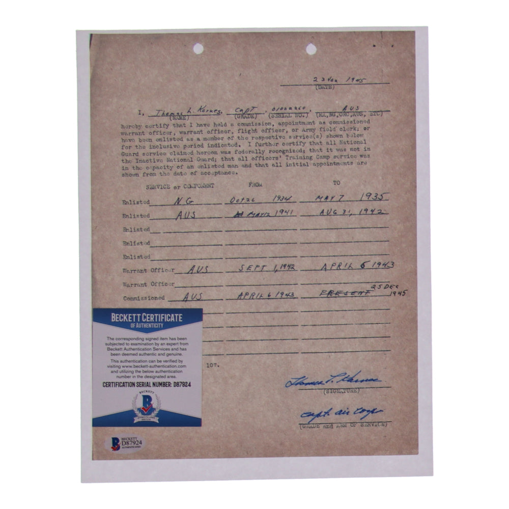 Thomas L. Karnes Signed (Beckett) 8.5 x 11 WWII Document Copy (Beckett)