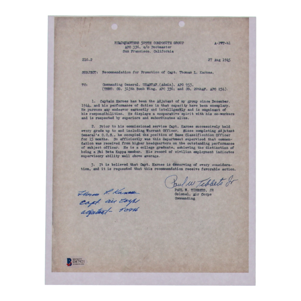 Thomas L. Karnes Signed (Beckett) 8.5x11 WWII Document Copy with Service Record Inscription