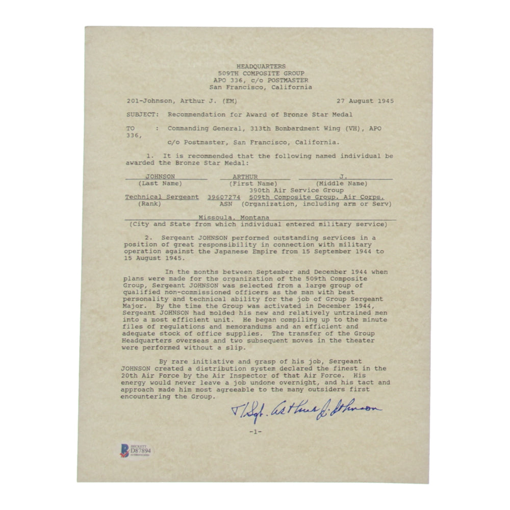 Arthur Johnson Signed Document Copy (Beckett) - United States Army Officer - WWII