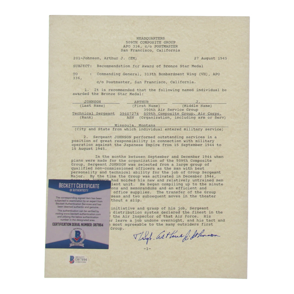 Arthur Johnson Signed Document Copy (Beckett) - United States Army Officer - WWII