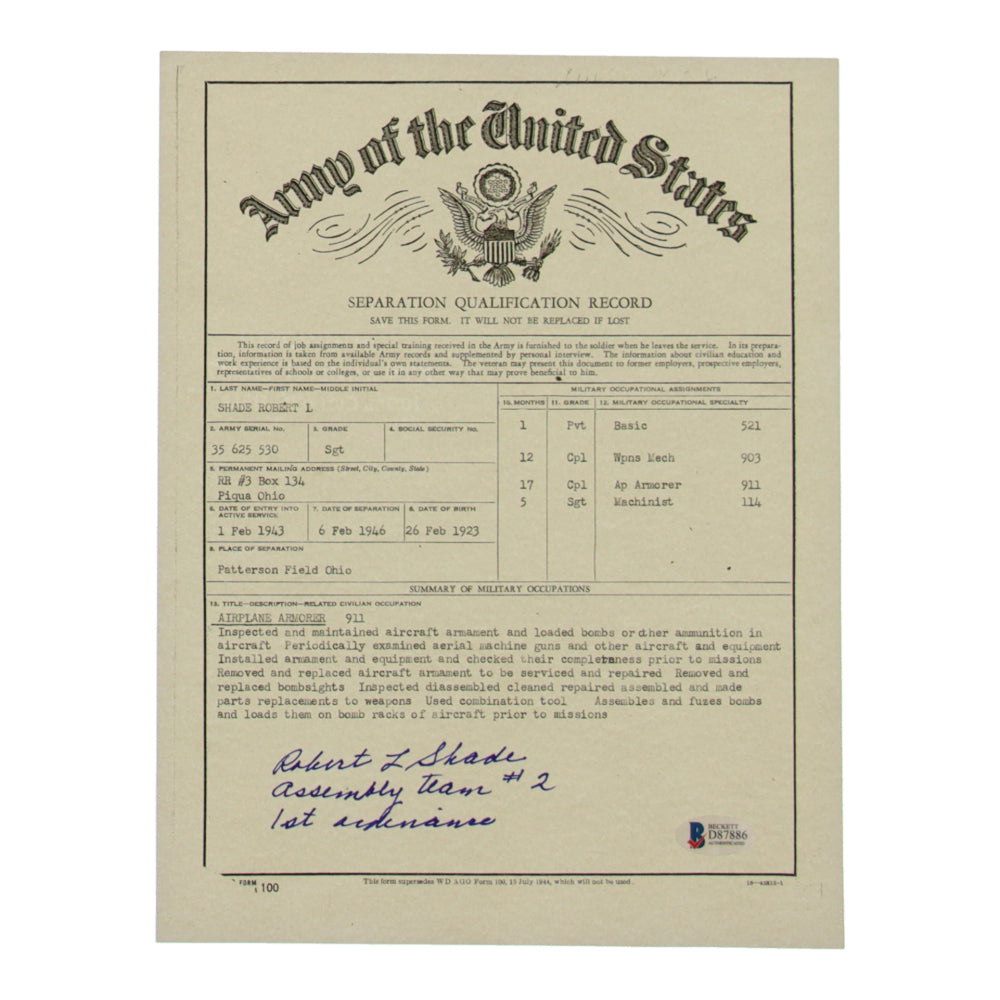 Robert Shade Signed (Beckett) 8.5x 11 WWII Document Copy