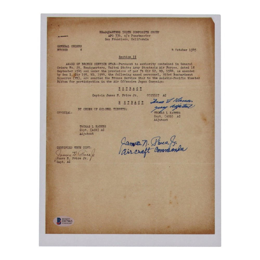 James N. Price Jr. & Thomas Karnes Signed (Beckett) 8.5x11 WWII Document Copy