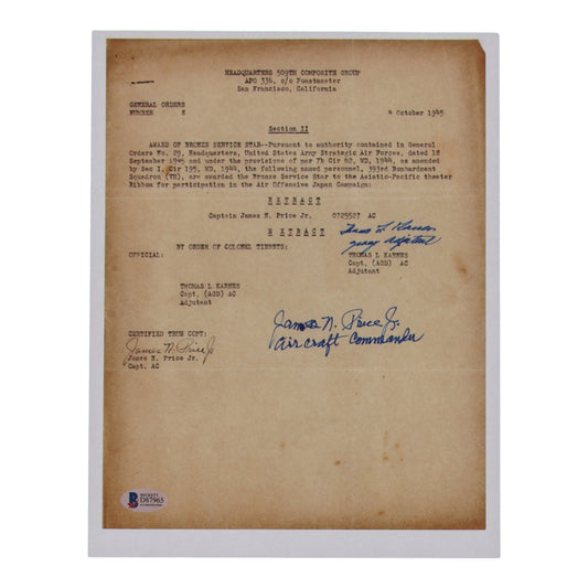 James N. Price Jr. & Thomas Karnes Signed (Beckett) 8.5x11 WWII Document Copy