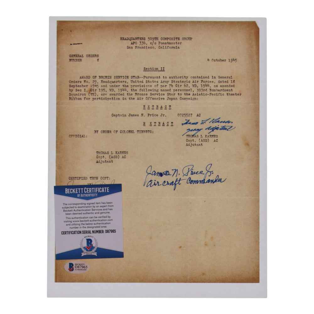 James N. Price Jr. & Thomas Karnes Signed (Beckett) 8.5x11 WWII Document Copy