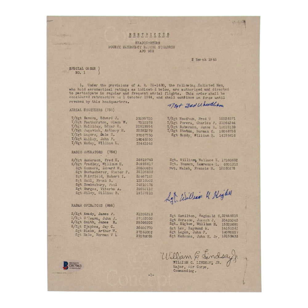 Fred E. Needham & William Higbee Signed (Beckett) 8.5x11 WWII Document Copy