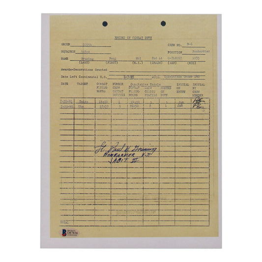 Paul W. Gruning Signed (Beckett) 8.5x11 WWII Document Copy with Service Record Inscription