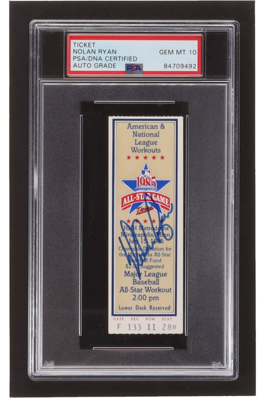 Nolan Ryan Signed 1985 All-Star Game ‘Workouts’ Ticket Stub (PSA) Autograph Graded (PSA) 10