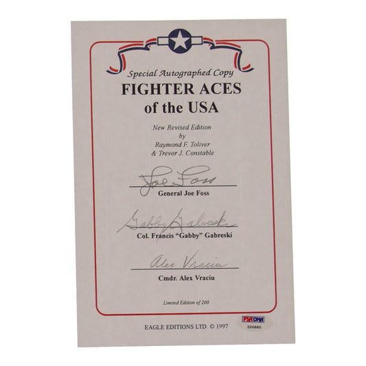 Joe Foss, Francis "Gabby" Gabreski & Alex Vraciu Signed (PSA) "Fighter Aces of the USA" 6x9 Bookplate Limited Edition # / 200