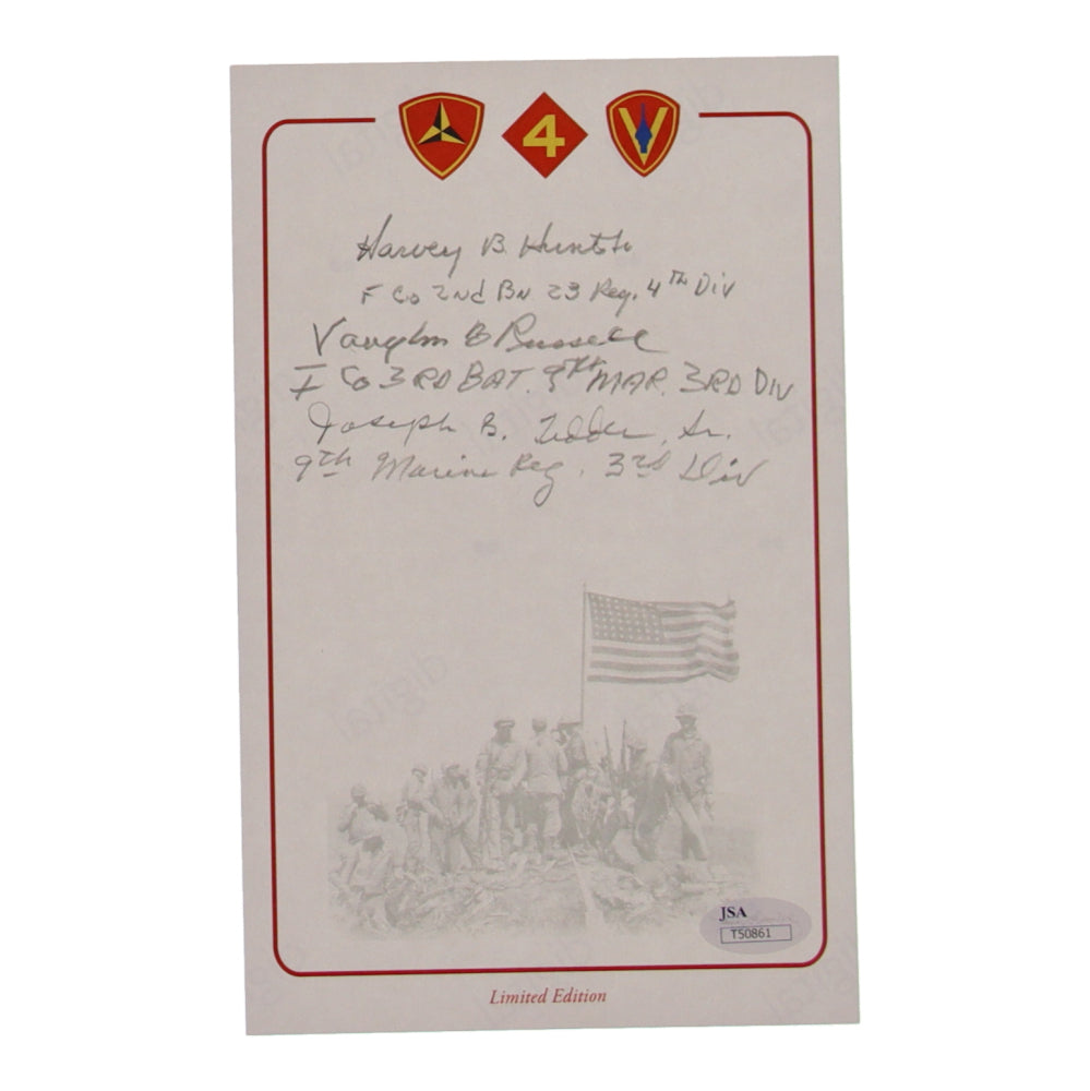 Harvey Hunt Jr., Joseph Teddar & Vaughn Russell Signed (JSA) WWII Iwo Jima - 6x9 Bookplate with Division Inscriptions (JSA)