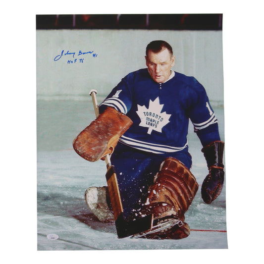 Johnny Bower Signed (JSA) Maple Leafs 16x20 Photo Inscribed "HOF 76"