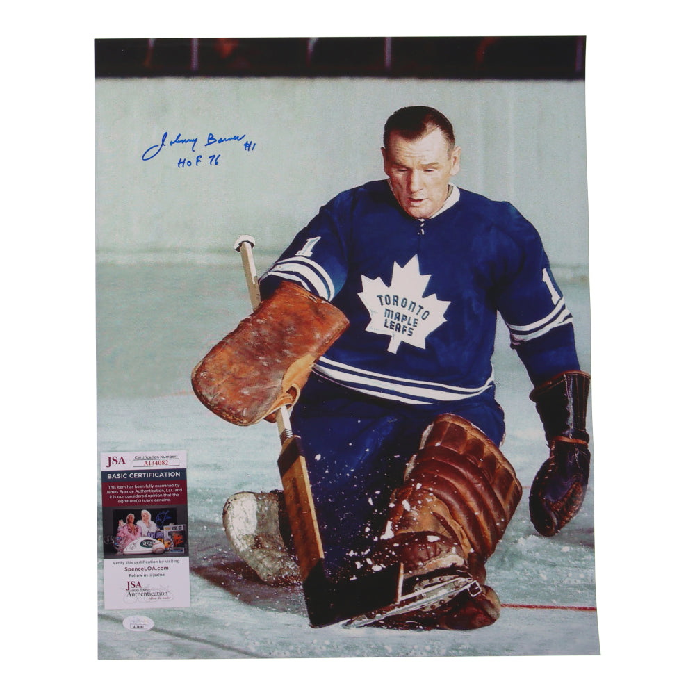 Johnny Bower Signed (JSA) Maple Leafs 16x20 Photo Inscribed "HOF 76"