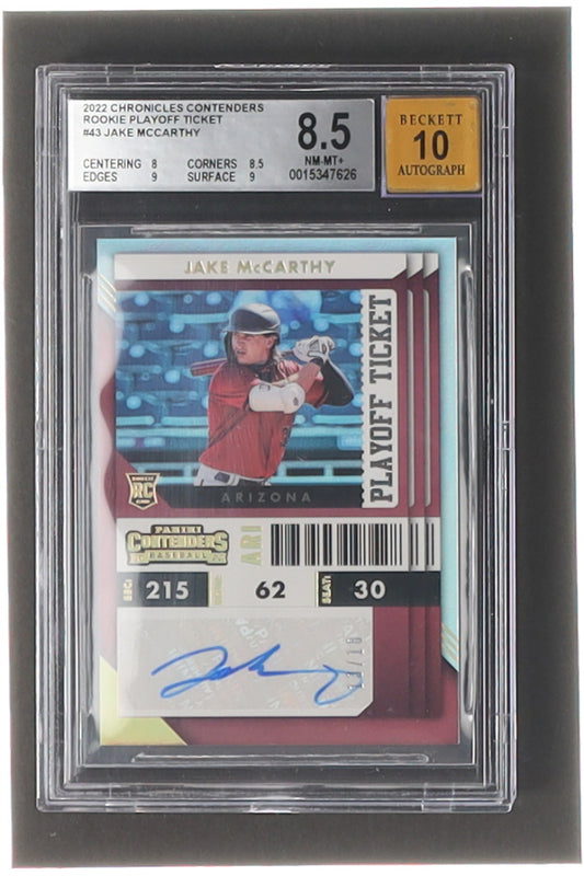 Jake McCarthy 2022 Panini Chronicles Contenders Rookie Playoff Ticket #43 #13/18 RC (BGS 8.5) Rookie Card | Serially Numbered #13 / 18 | Autograph Graded Beckett (BGS) 10