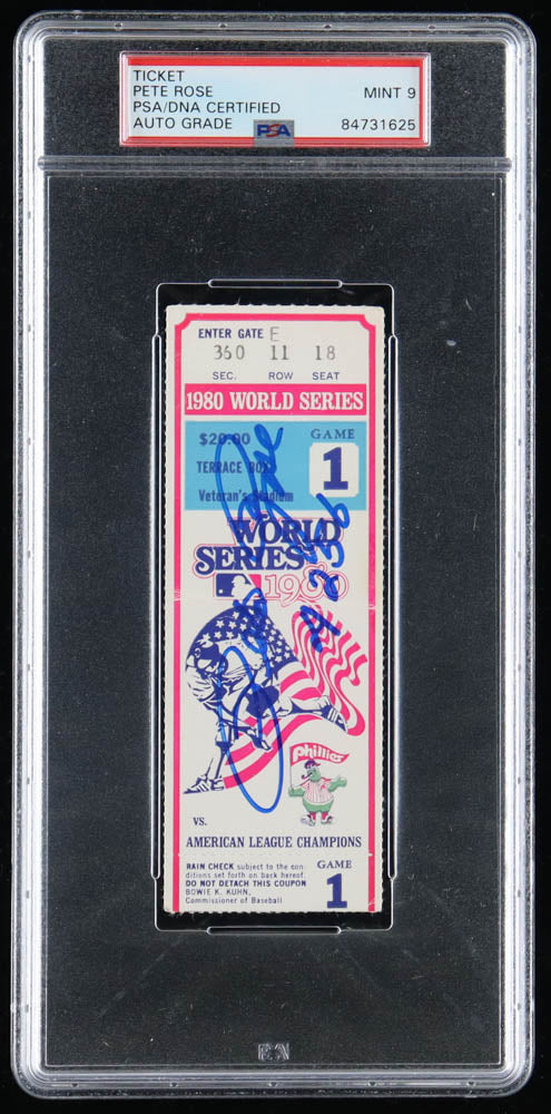 Pete Rose Signed 1980 World Series Game 1 Ticket Stub Inscribed "4256" - Autograph Graded PSA 9