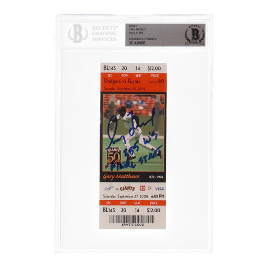 Greg Maddux Signed 2008 Ticket Stub with Extensive Inscription (BGS) - Final Start