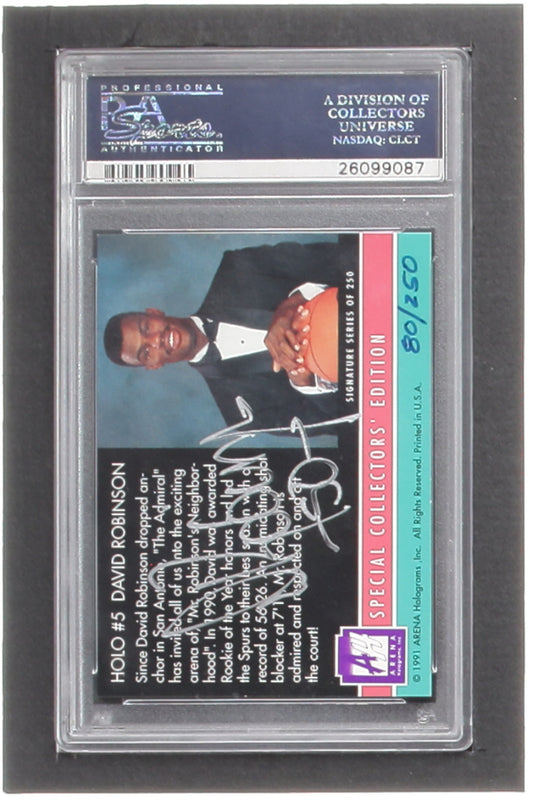 David Robinson Signed 1991 Arena Holograms #5 (PSA 7) - Authentic Autograph- Serially Numbered #80 of 250